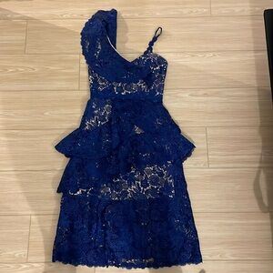 Blue lace, Alice + Olivia tea length, cocktail/ black tie dress.